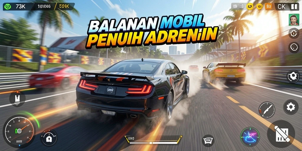 Tampilan gameplay balapan seru dalam 73K dengan mobil-mobil cepat.
