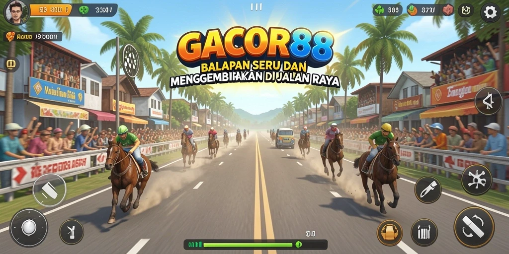 Tampilan gameplay GACOR88 yang menegangkan saat balapan di jalanan kota.