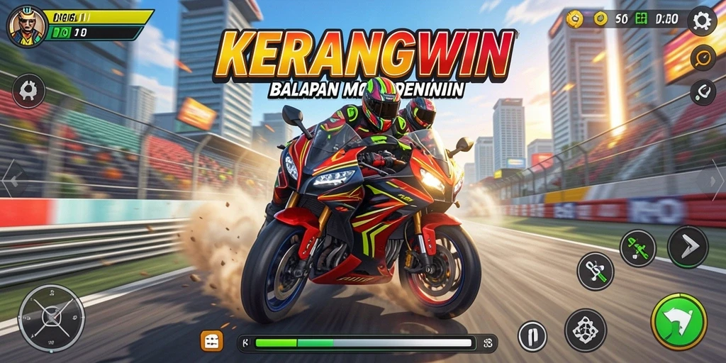 Gameplay KERANGWIN dengan motor balap yang mendebarkan.