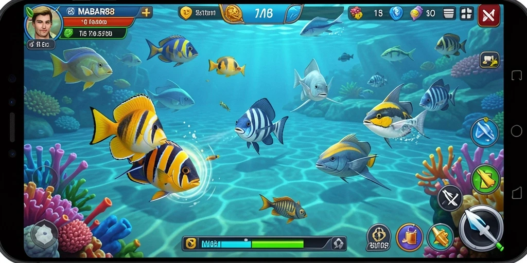 Tampilan gameplay MABAR88 dengan berbagai ikan dan senjata yang menarik.