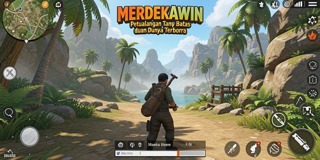 Screenshot gameplay <strong>MERDEKAWIN</strong> menampilkan dunia terbuka yang luas dan indah.