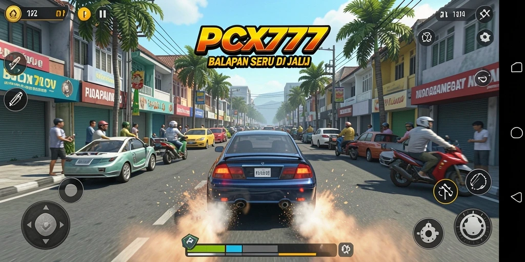 Tangkapan layar gameplay PCX777 yang menunjukkan aksi balapan yang mendebarkan.
