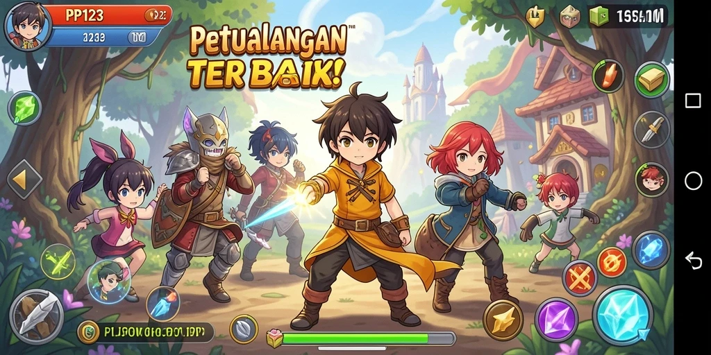 Tampilan gameplay seru dari PP123 dengan karakter anime ikonik.