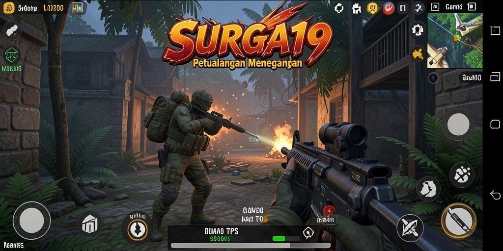 Tangkapan layar utama SURGA19 menunjukkan aksi pertempuran yang intens dalam gameplay TPS.